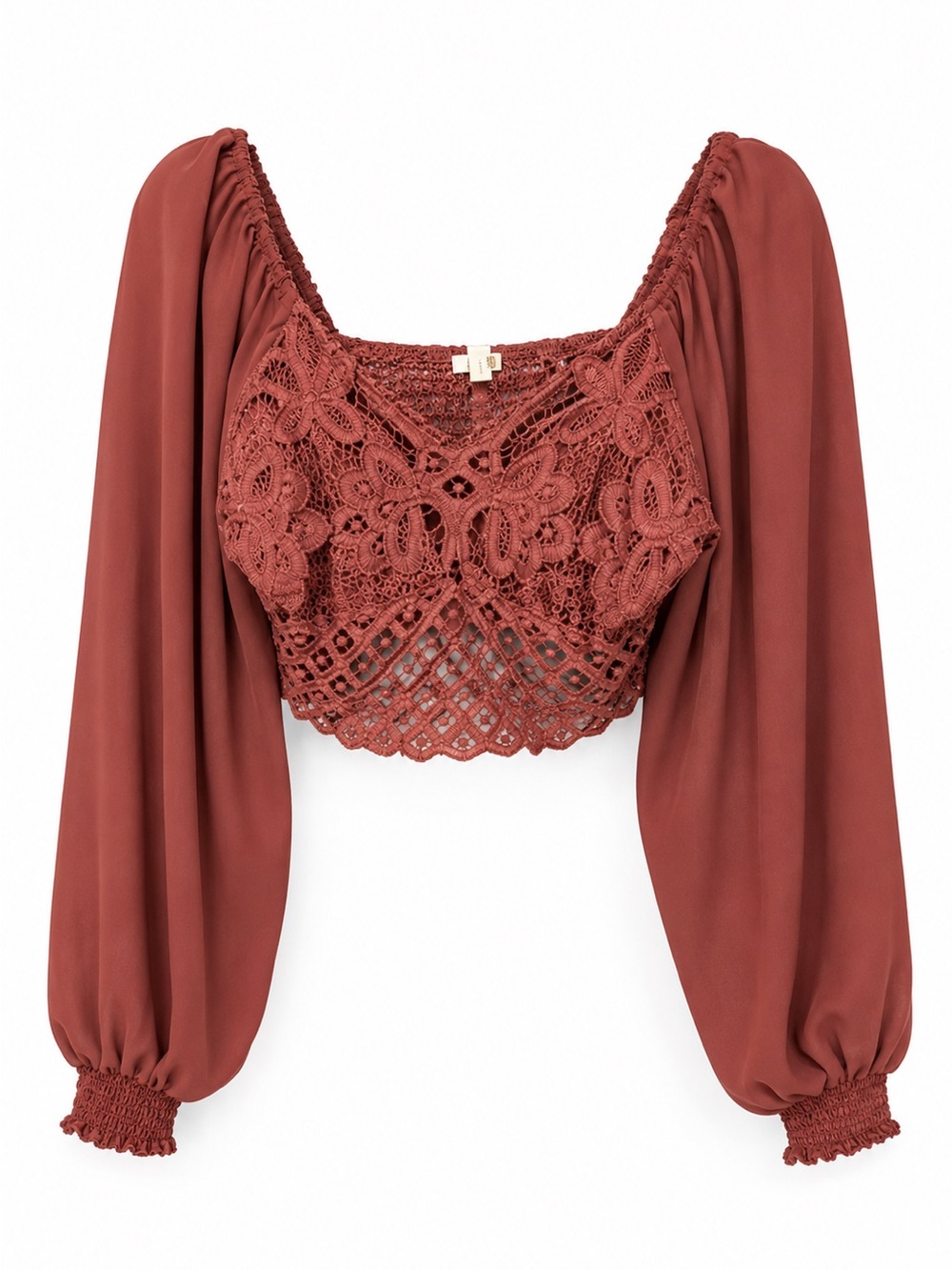 Flying Tomato Brick Red Crochet Long-Sleeve Crop Top